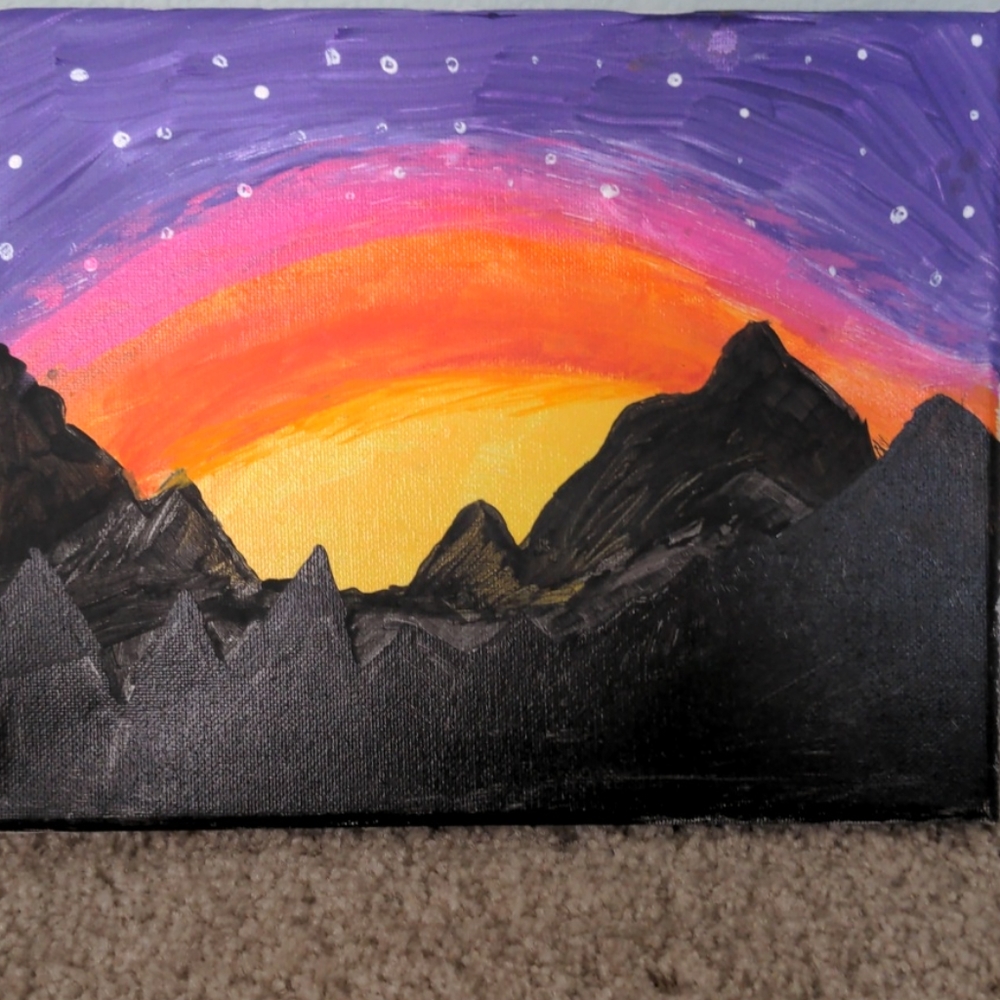 Painting of mountains and horizon